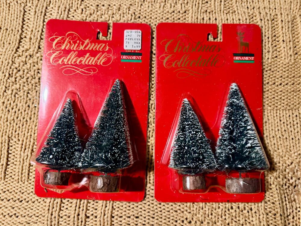 Vintage Sisal Bottle Brush Christmas Trees Snow Frosted New in Package Set of 4